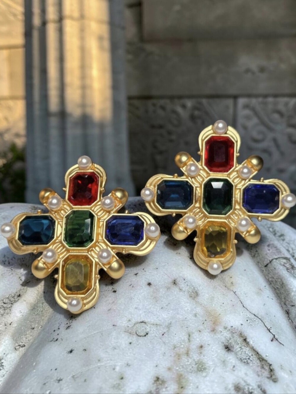 Mogul Byzantine 18k Gold Plated Oversized Glass Crystal Maltese Cross Earrings